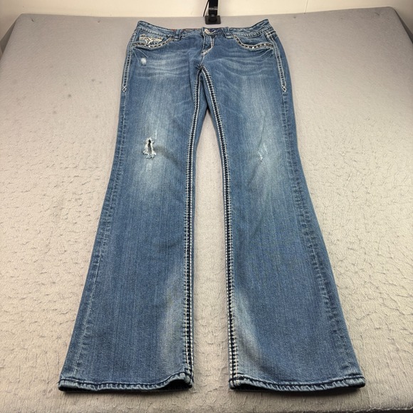 Rock Revival Jeans Womens 30 Blue Bootcut Embroidered Embellished Distressed - Picture 2 of 15